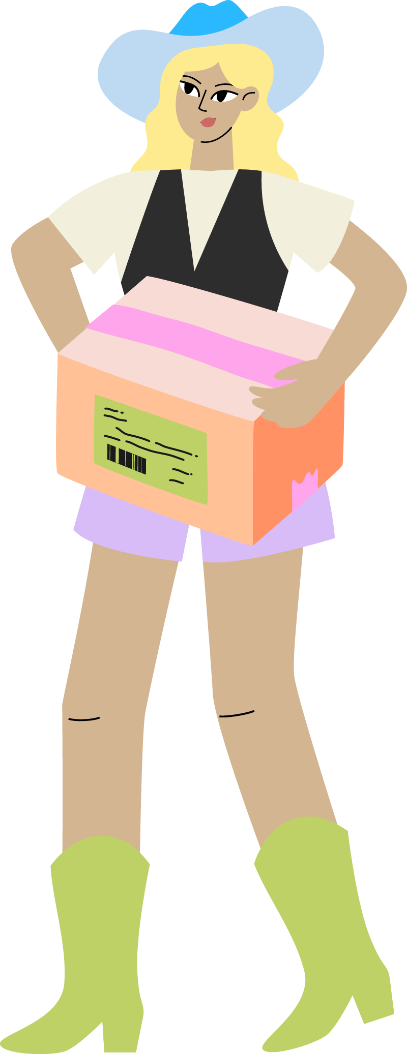 Illustration of a Blonde Cosmic Cowgirl holding a Go Easy Package Delivery